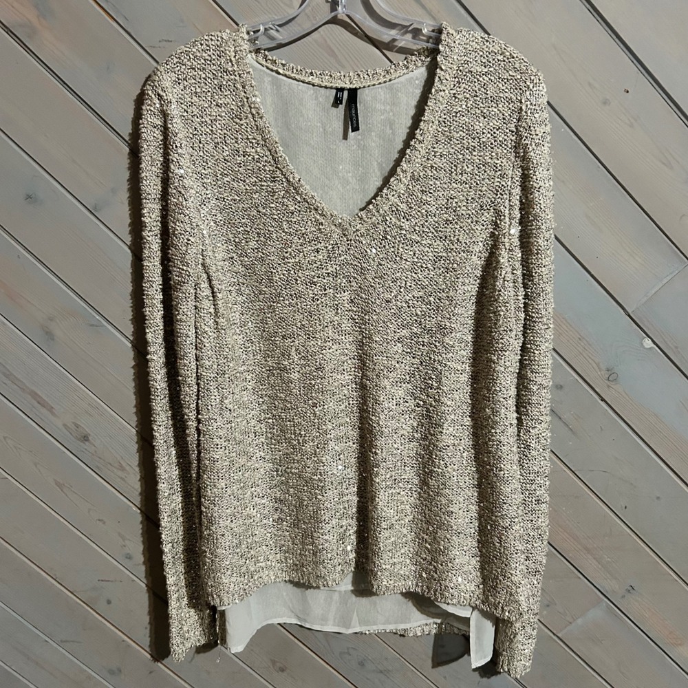 Maurices Women's L Sequined V-Neck Knit Sweater with Chiffon Hem Beige‎ Gold